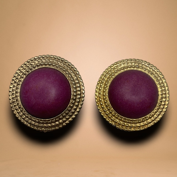 Vintage 1980's Burgundy Gold Rope Button Clip On Earrings Couture Mogul Runway - Picture 1 of 5